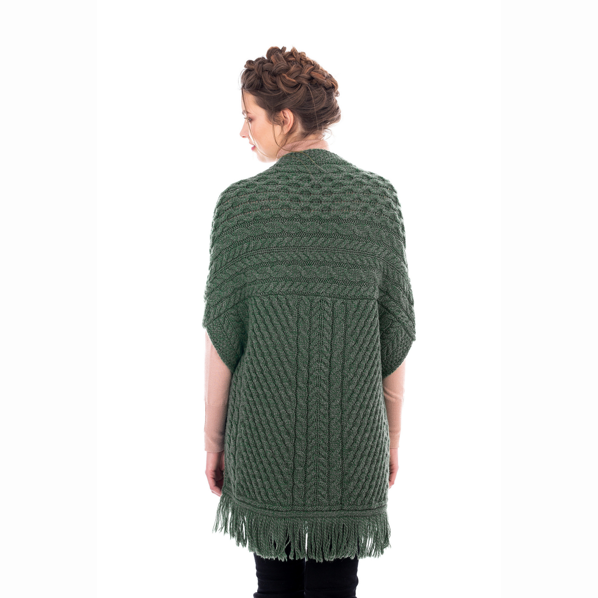 ML104-102-OS Ladies Merino Aran Poncho with Side Buttons, Army Green Back View Creative Irish Gifts
