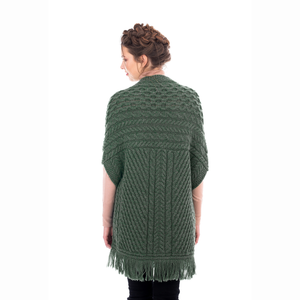 ML104-102-OS Ladies Merino Aran Poncho with Side Buttons, Army Green Back View Creative Irish Gifts
