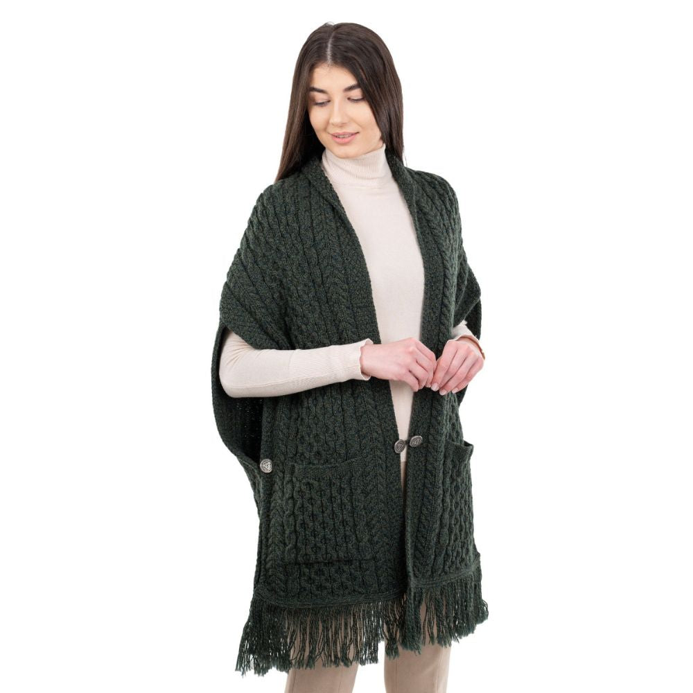 ML104-Merino Wool Irish Shawl with Pockets, Army Green Creative Irish Gift