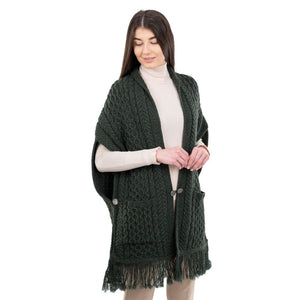 ML104-Merino Wool Irish Shawl with Pockets, Army Green Creative Irish Gift