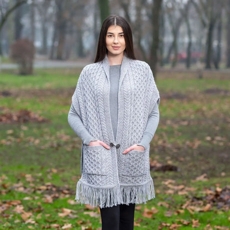 ML104-103 Merino Wool Irish Shawl with Pockets, Light Gray Creative Irish Gifts
