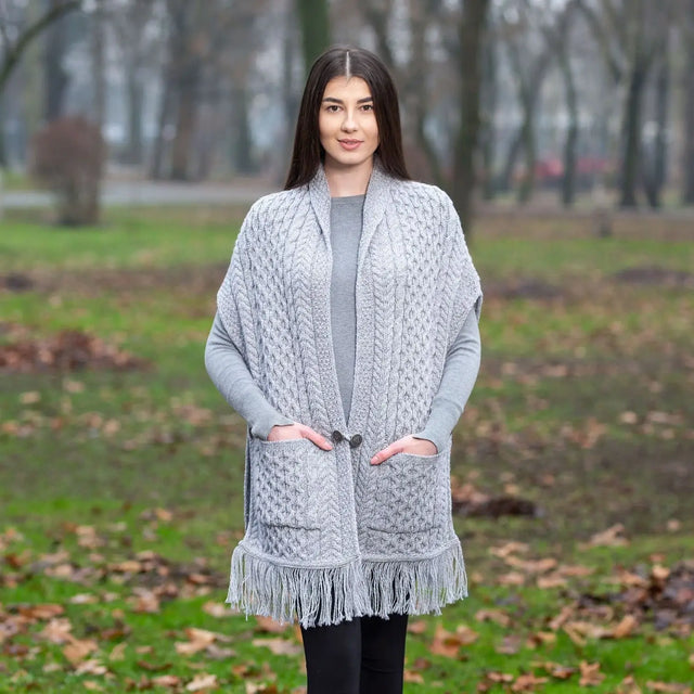 ML104-103 Merino Wool Irish Shawl with Pockets, Light Gray Creative Irish Gifts
