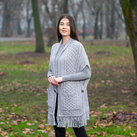 ML104-103-OS Merino Wool Irish Shawl with Pockets, Light Gray Creative Irish gift
