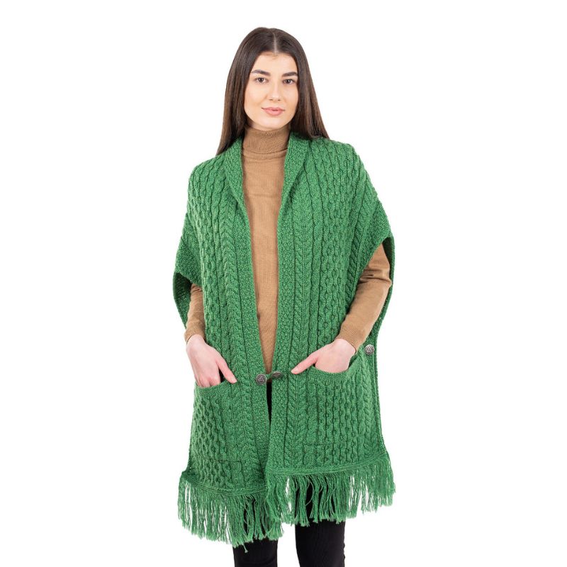 ML104-Merino Wool Irish Shawl with Pockets, Green Front View Creative Irish Gift