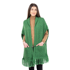 ML104-Merino Wool Irish Shawl with Pockets, Green Front View Creative Irish Gift