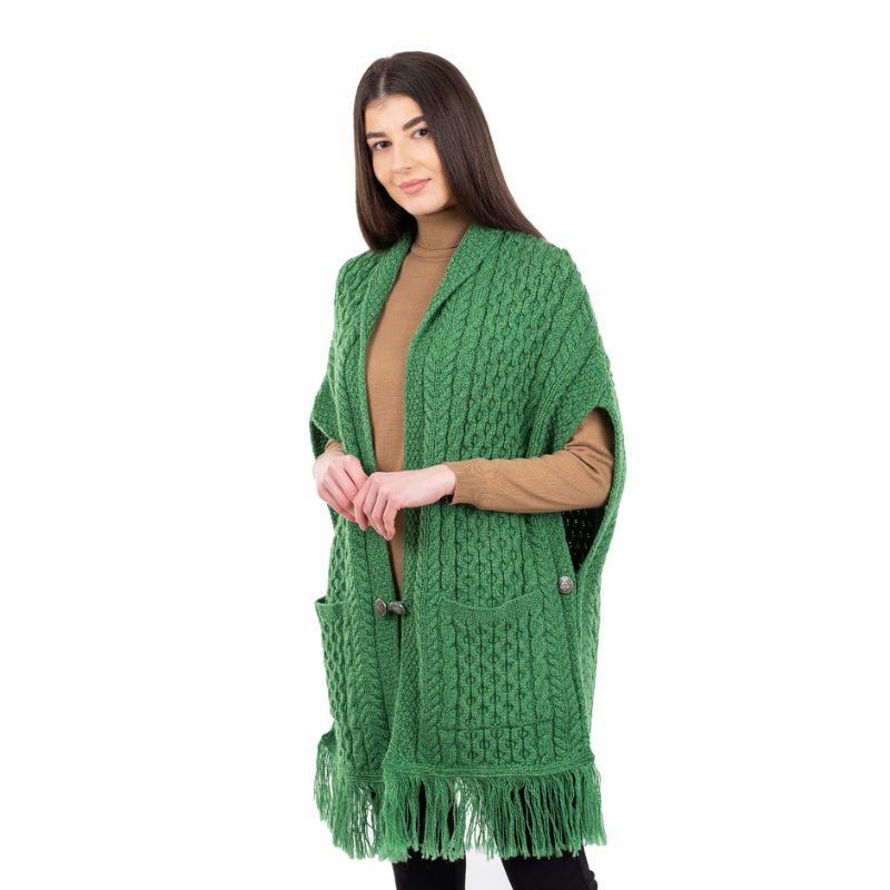 ML104-Merino Wool Irish Shawl with Pockets, Green Side View Creative Irish Gift