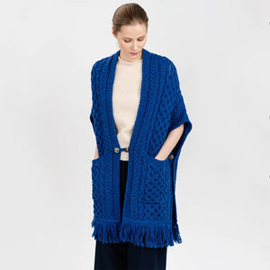 ML104-106-OS Ladies Merino Aran Poncho with Side Buttons, Marl Blue Creative Irish Gifts

