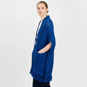 ML104-106-OS Ladies Merino Aran Poncho with Side Buttons, Marl Blue Side View Creative Irish Gifts
