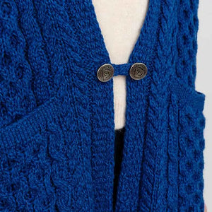 ML104-106-OS Ladies Merino Aran Poncho with Side Buttons, Marl Blue Close Up Creative Irish Gifts
