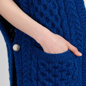 ML104-106-OS Ladies Merino Aran Poncho with Side Buttons, Marl Blue Close Up Creative Irish Gifts
