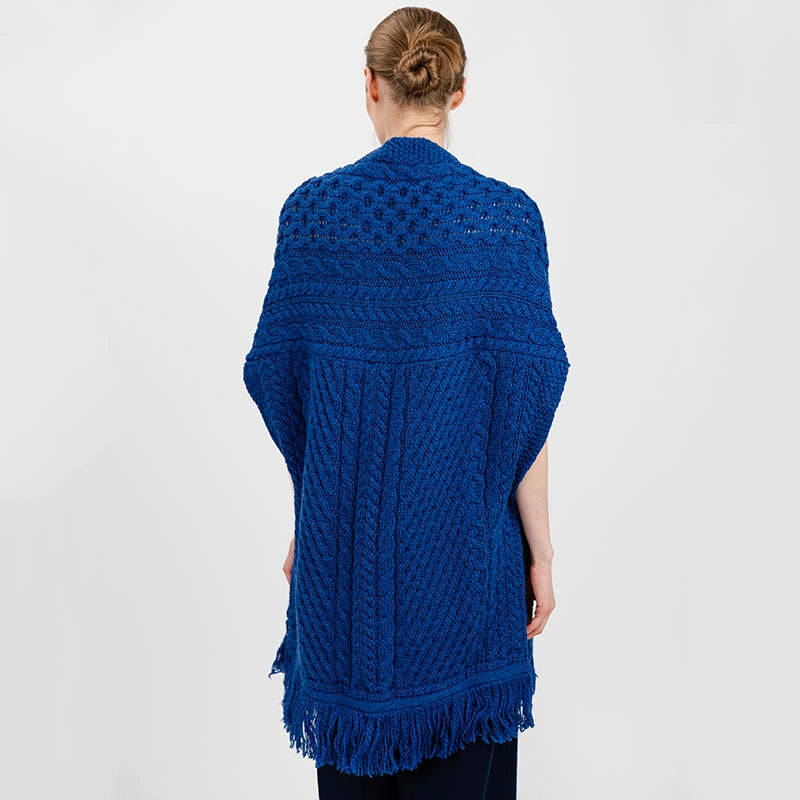 ML104-106-OS Ladies Merino Aran Poncho with Side Buttons, Marl Blue Back View Creative Irish Gifts

