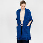 ML104-Merino Wool Irish Shawl with Pockets, Blue Front View Creative Irish Gift