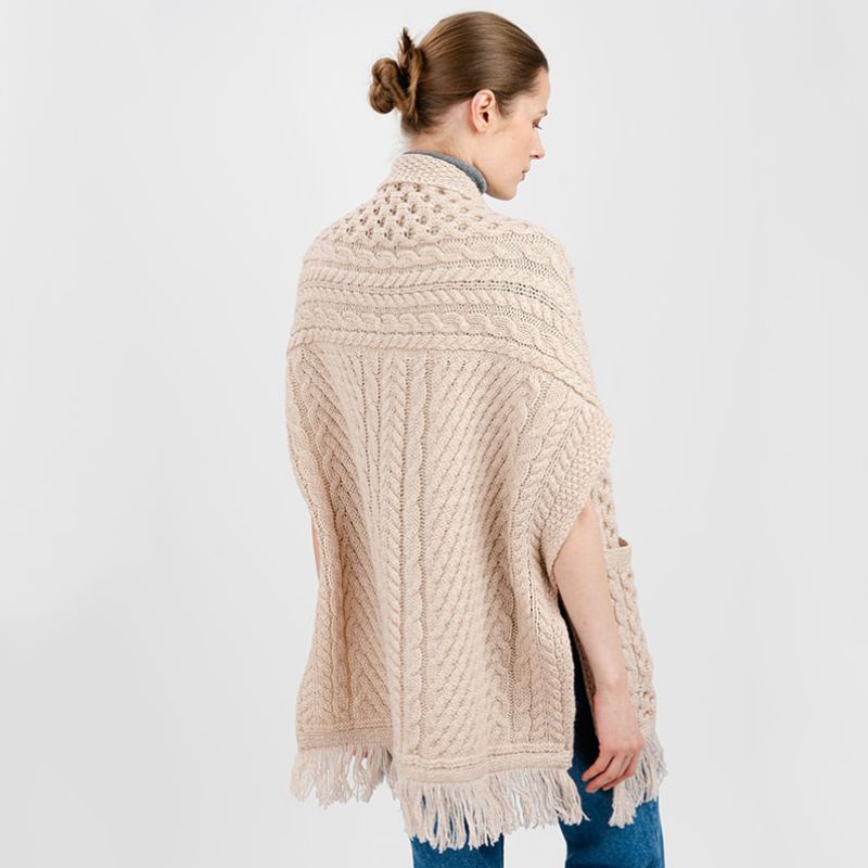 ML104-Merino Wool Irish Shawl with Pockets, Parsnip Back View Creative Irish Gift