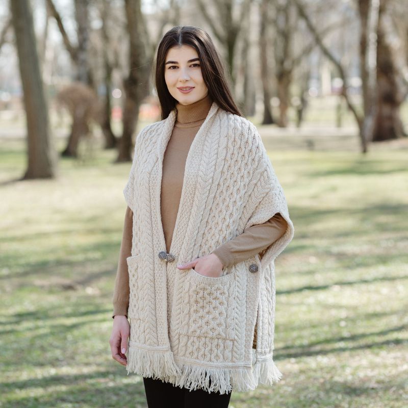 ML104-Merino Wool Irish Shawl with Pockets, Parsnip Lifestyle side view Creative Irish Gift