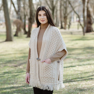 ML104-Merino Wool Irish Shawl with Pockets, Parsnip Lifestyle side view Creative Irish Gift
