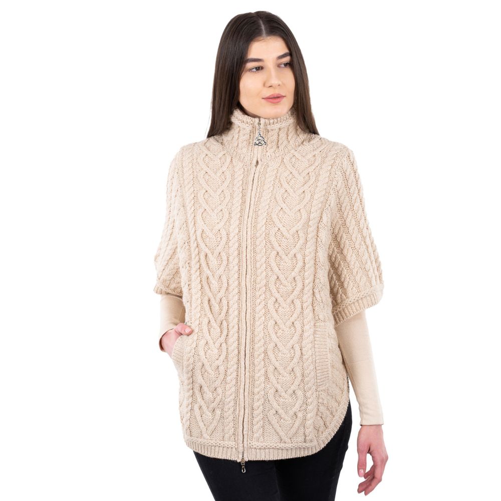 Women's Funnel Neck Poncho Jacket, Parsnip Front View Studio Creative Irish Gifts
