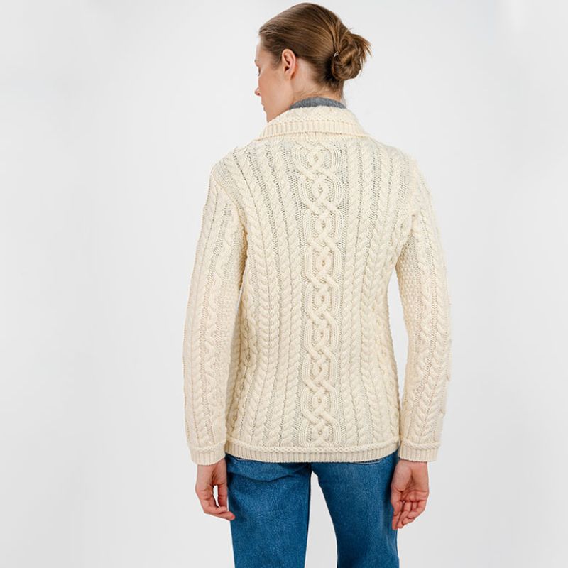 ML109 Women's Aran Knit Button-Up Cardigan, White Back View Creative Irish Gifts.co