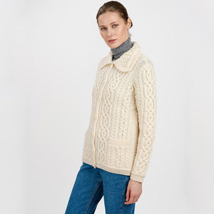 ML109 Women's Aran Knit Button-Up Cardigan, White side view Creative Irish Gifts.co