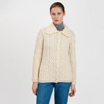 ML109 Women's Aran Knit Button-Up Cardigan, White studio Creative Irish Gifts.co