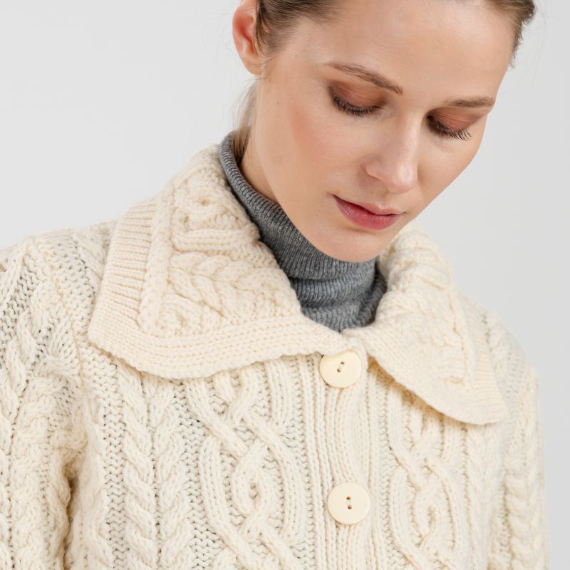 ML109 Women's Aran Knit Button-Up Cardigan, White Creative Irish Gifts.co