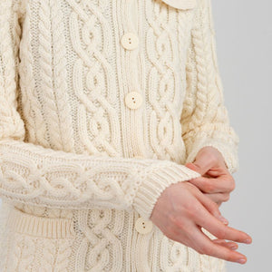 ML109 Women's Aran Knit Button-Up Cardigan, White Creative Irish Gifts.co