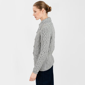 ML109 Women's Aran Knit Button-Up Cardigan, Grey side view Creative Irish Gifts.co