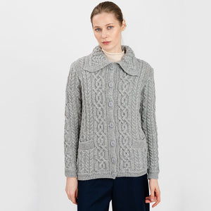 ML109 Women's Aran Knit Button-Up Cardigan, Grey studio Creative Irish Gifts.co
