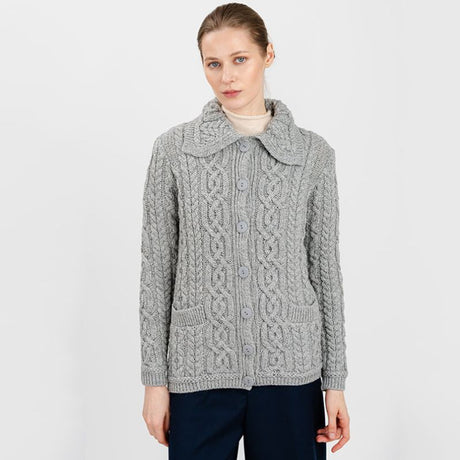 ML109 Women's Aran Knit Button-Up Cardigan, Grey studio Creative Irish Gifts.co