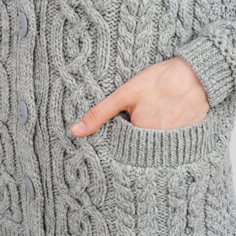 ML109 Women's Aran Knit Button-Up Cardigan, Grey Creative Irish Gifts.co