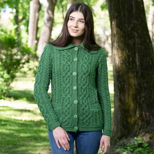 ML109-105 Women's Aran Knit Button-Up Cardigan, Green Creative Irish Gifts
