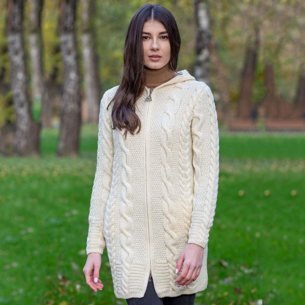 ML110 Women's Aran Merino Wool Zip Up Coat White Lifestyle Creative Irish Gift