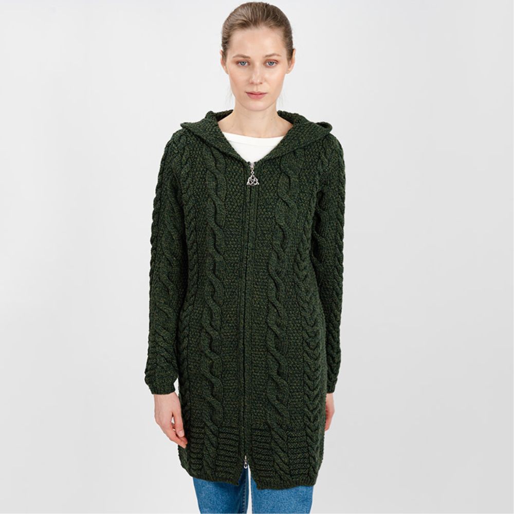 ML110 Women's Aran Merino Wool Zip Up Coat Army Green Creative Irish Gift