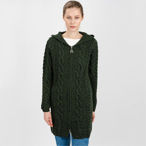 ML110 Women's Aran Merino Wool Zip Up Coat Army Green Creative Irish Gift
