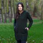 ML110 Women's Aran Merino Wool Zip Up Coat Army Green Lifestyle Creative Irish Gift