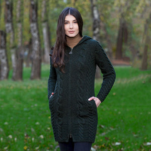 ML110 Women's Aran Merino Wool Zip Up Coat Army Green Lifestyle Creative Irish Gift