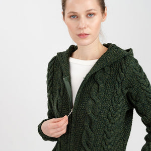 ML110 Women's Aran Merino Wool Zip Up Coat Army Green Creative Irish Gift