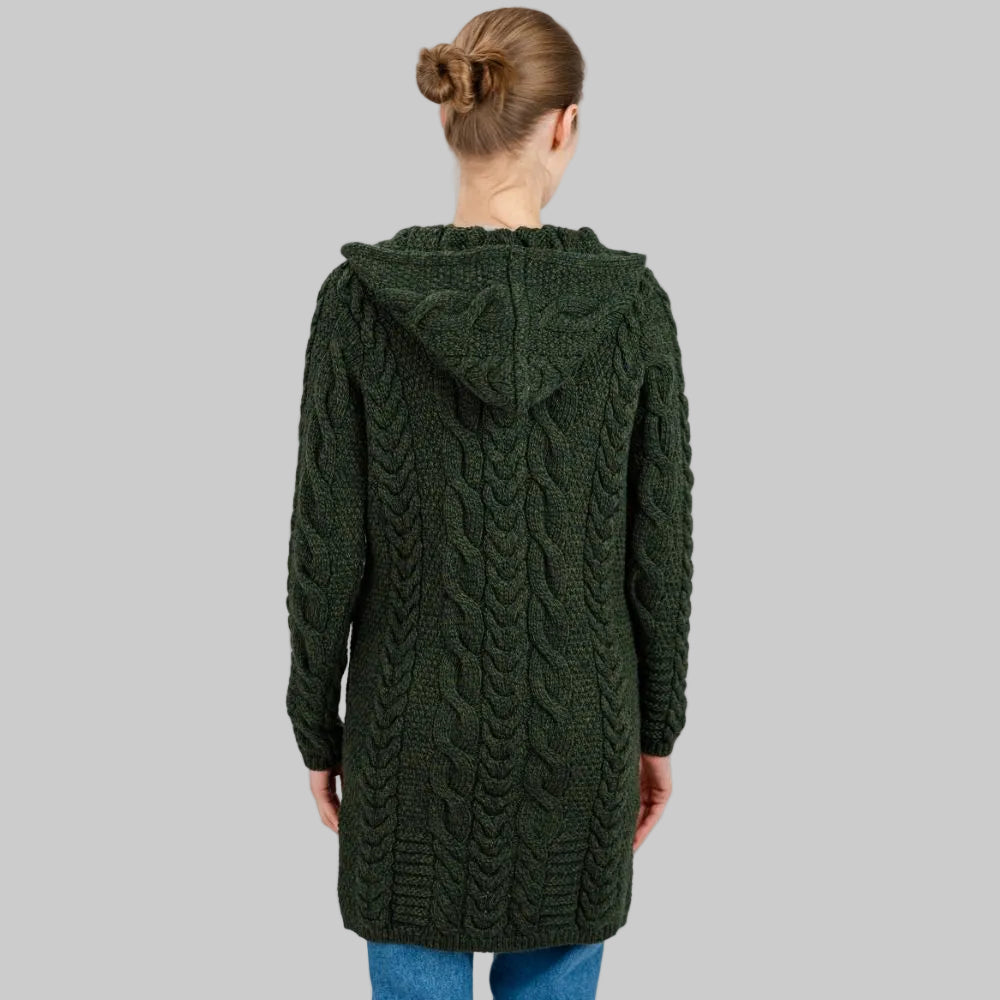 ML110 Women's Aran Merino Wool Zip Up Coat Army Green Back View Creative Irish Gift