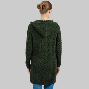 ML110 Women's Aran Merino Wool Zip Up Coat Army Green Back View Creative Irish Gift