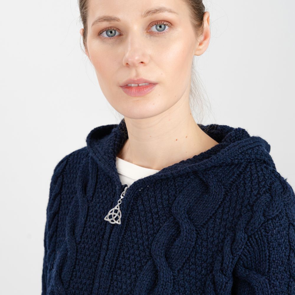 ML110 Women's Aran Merino Wool Zip Up Coat Navy Creative Irish Gift