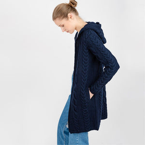 ML110 Women's Aran Merino Wool Zip Up Coat Navy Side View Creative Irish Gift