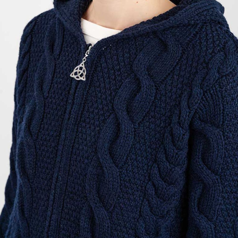 ML110 Women's Aran Merino Wool Zip Up Coat Navy Studio Creative Irish Gift