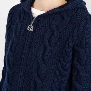 ML110 Women's Aran Merino Wool Zip Up Coat Navy Studio Creative Irish Gift