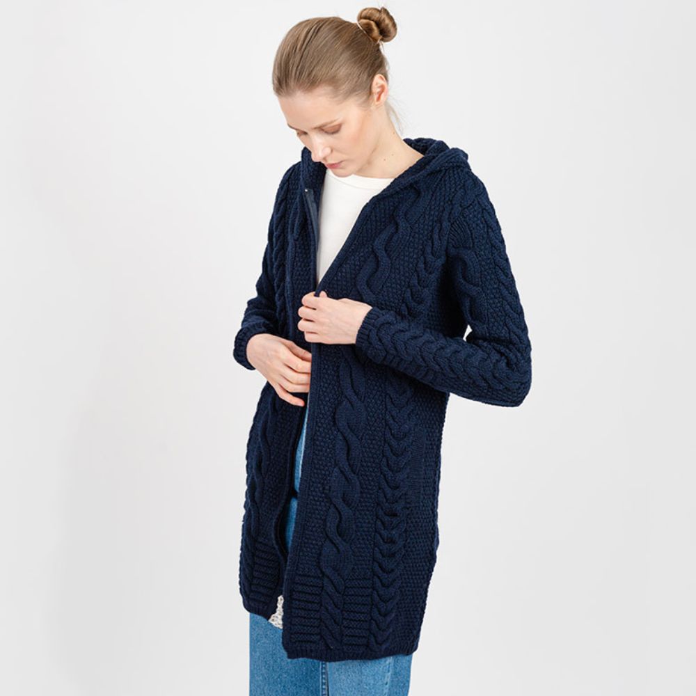ML110 Women's Aran Merino Wool Zip Up Coat Navy Creative Irish Gift