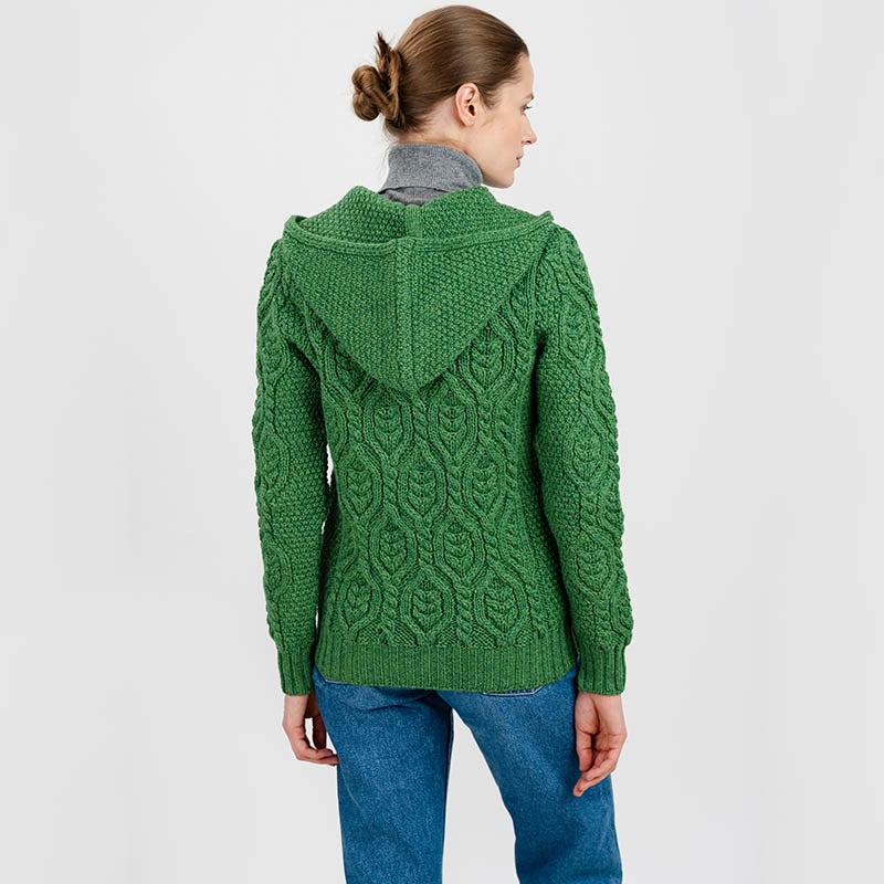 ML113-105 Women's Merino Wool Aran Leaf Zip Cardigan, Green Back View Creative Irish Gifts
