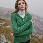 Women's Aran Knit Double Collar Zipped Cardigan, Green Lifestyle- Creative Irish Gifts