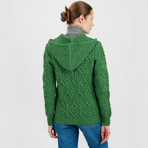 Women's Aran Knit Double Collar Zipped Cardigan, Green Back View Creative Irish Gifts
