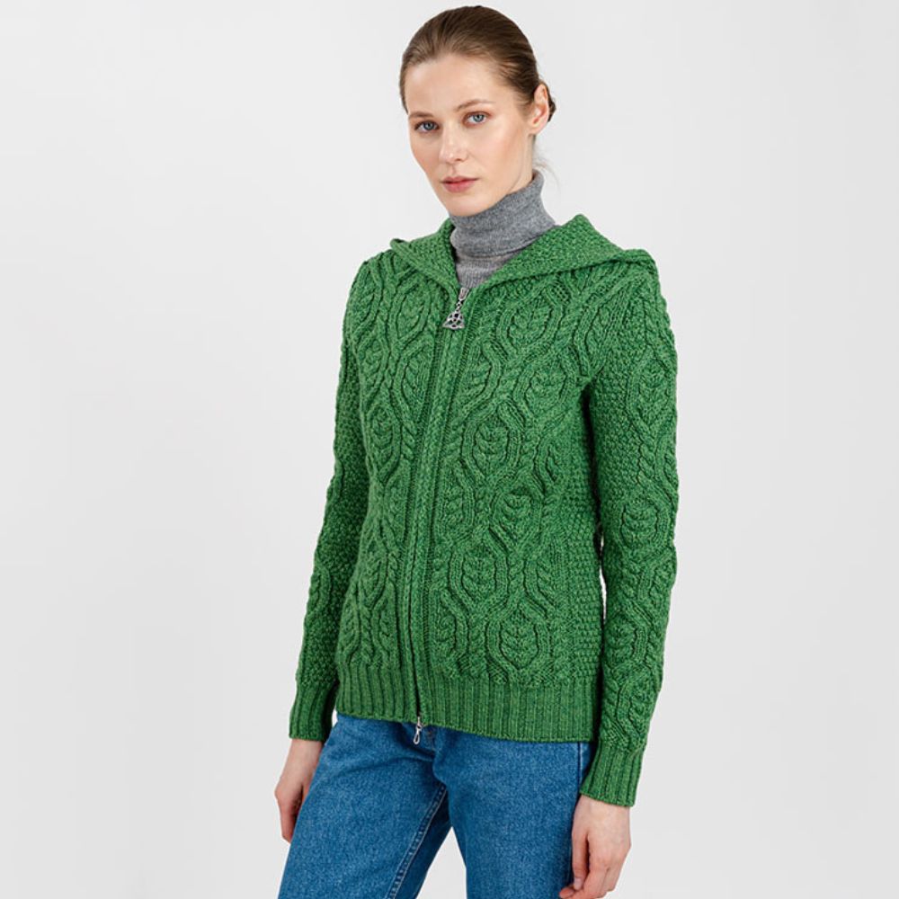 Women's Aran Knit Double Collar Zipped Cardigan, Green Studio Creative Irish Gifts