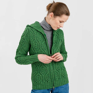 Women's Aran Knit Double Collar Zipped Cardigan, Green - Creative Irish Gifts