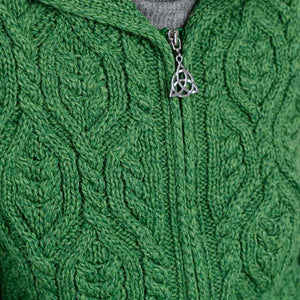 Women's Aran Knit Double Collar Zipped Cardigan, Green - Creative Irish Gifts