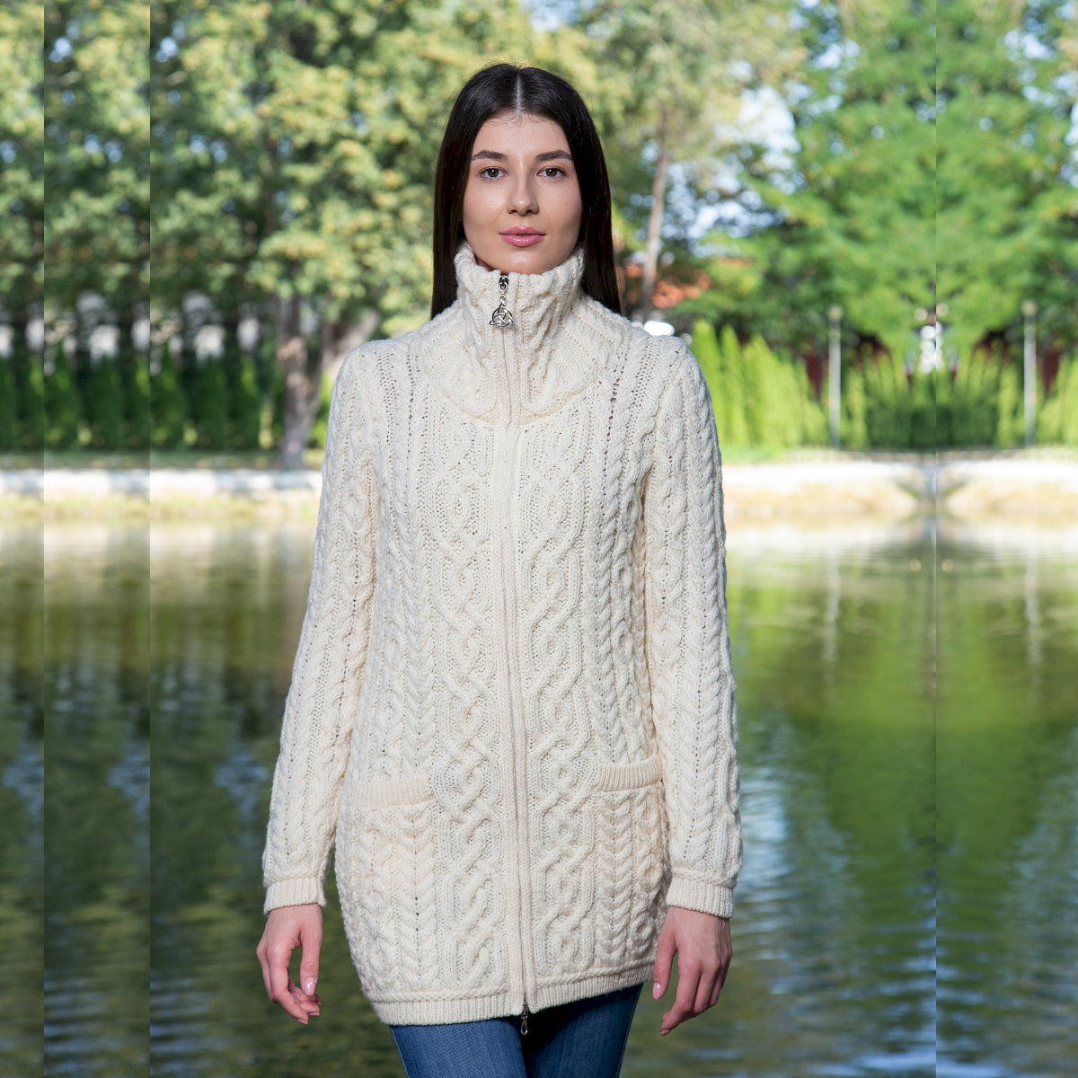 Women's Aran Knit Zip Cardigan, Natural - Creative Irish Gifts